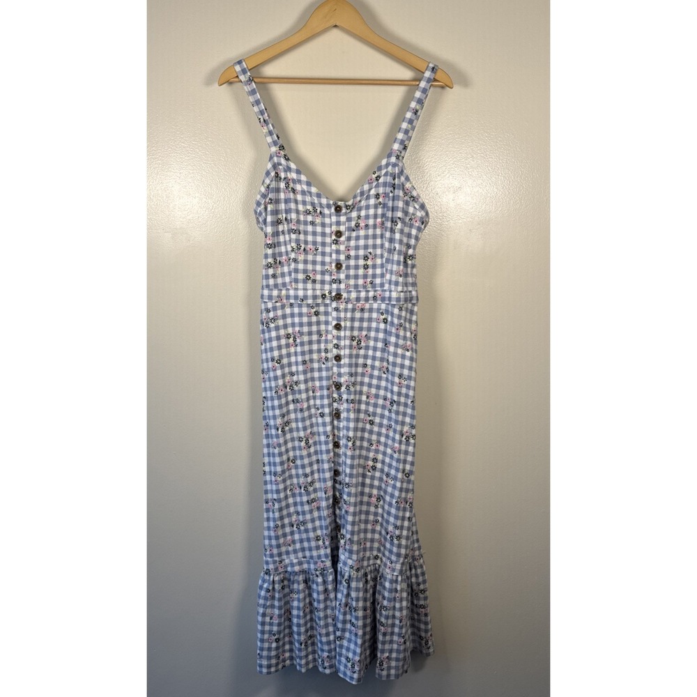 ModCloth Midi Dress Women's‎ L Blue White Prairie Gingham Floral Picnic Smocked
